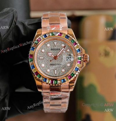 Swiss Quality Rolex Oyster Perpetual Yachtmaster Multicolor Gem Rose Gold Watches